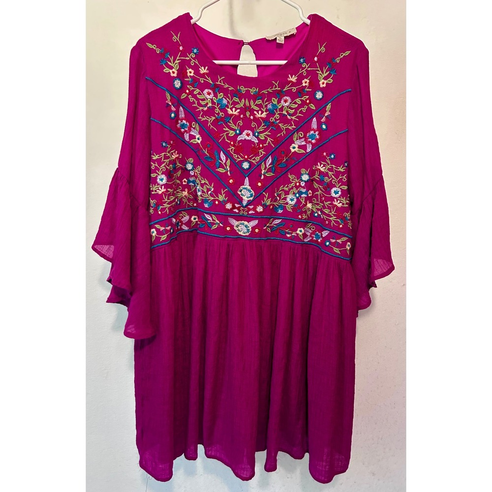 Umgee USA Magenta Pink Embroidered Boho Bell Sleeve Babydoll Tunic Dress/Top XL